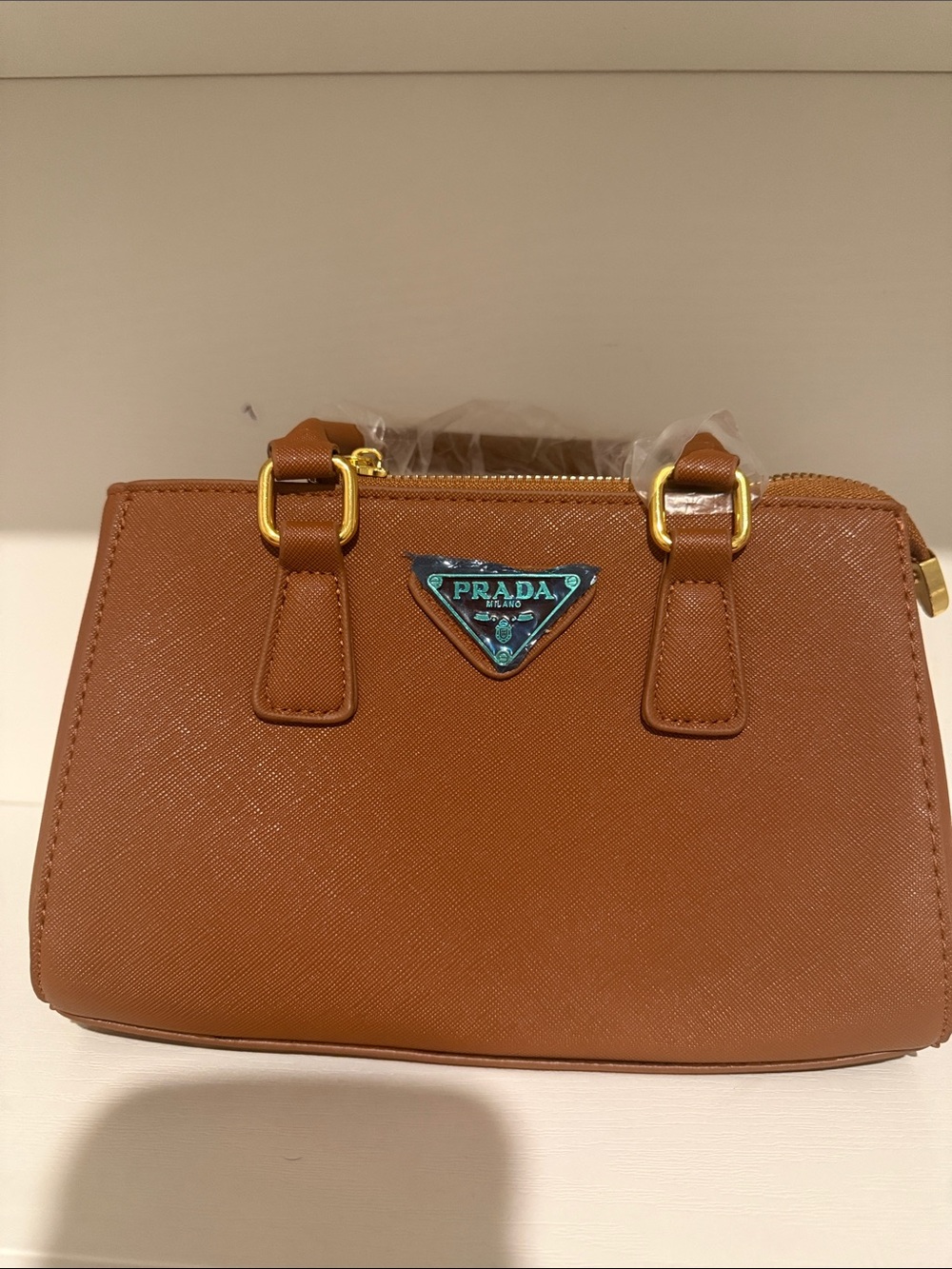 Prada Brown Saffiano Leather Mini Satchel with Gold Hardware